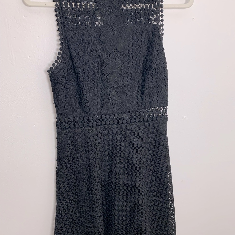 Francesca’s black eyelet lace halter dress